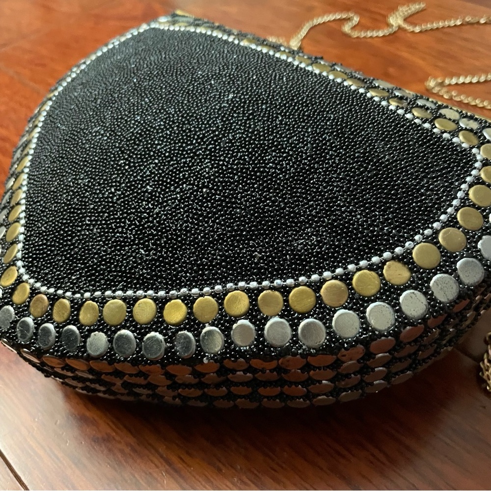 Ramla Handmade Heart Shaped Mosaic Bag Purse Clutch Black Gold Bling Bling B1 I - Picture 6 of 13